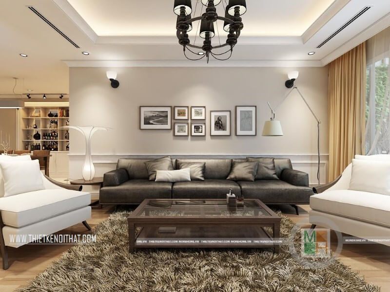 Mẫu thiết kế phòng khách đẹp với trang trí nội thất độc đáo sử dụng thảm lông màu sẫm kết hợp bộ sofa da cao cấp thu hút mọi ánh nhìn