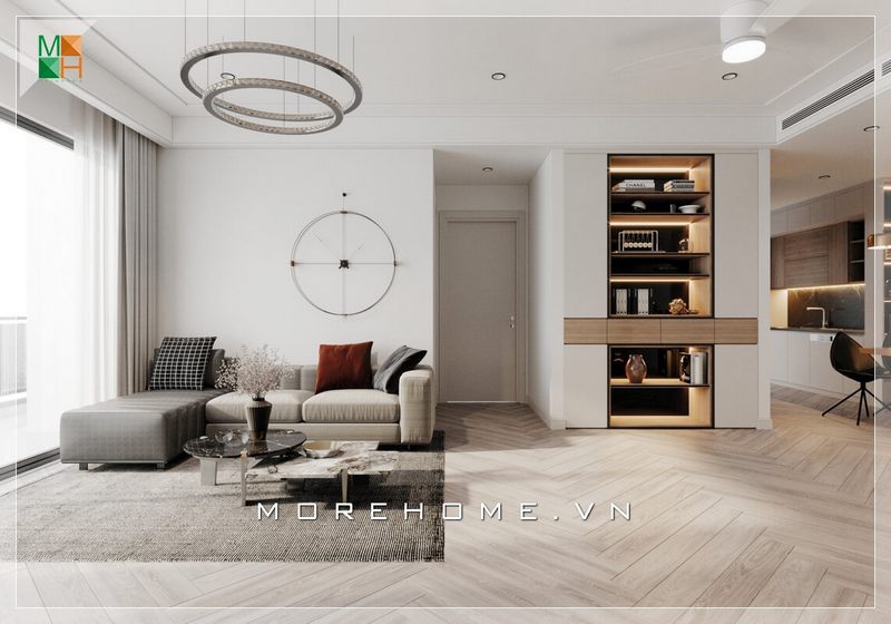 Thiết kế phòng khách chung cư thông với các không gian sinh hoạt chung được bố trí nội thất nhỏ gọn, tối ưu không gian tạo nên sự thông thoáng, rộng rãi cho ngôi nhà.